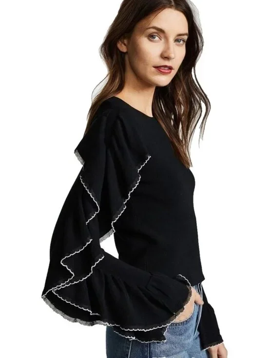 Club Monaco Women Black Sancerie Ruffle Long Sleeve Sweater Top Size Large - Picture 2 of 7